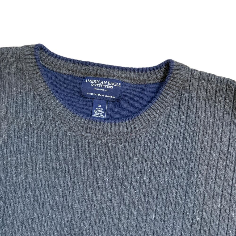 American Eagle Charcoal Ribbed Knit Crew Neck Wool Blend Grandpacore Sweater XL - Picture 2 of 11